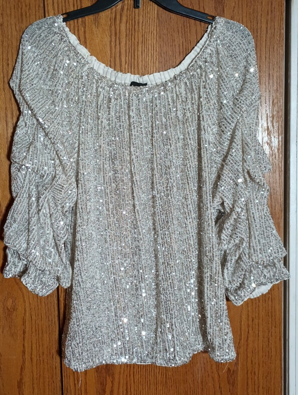 MSK Blouse Womens 1X Off Shoulder Ruffle Balloon Sleeve Top Sequin Silver